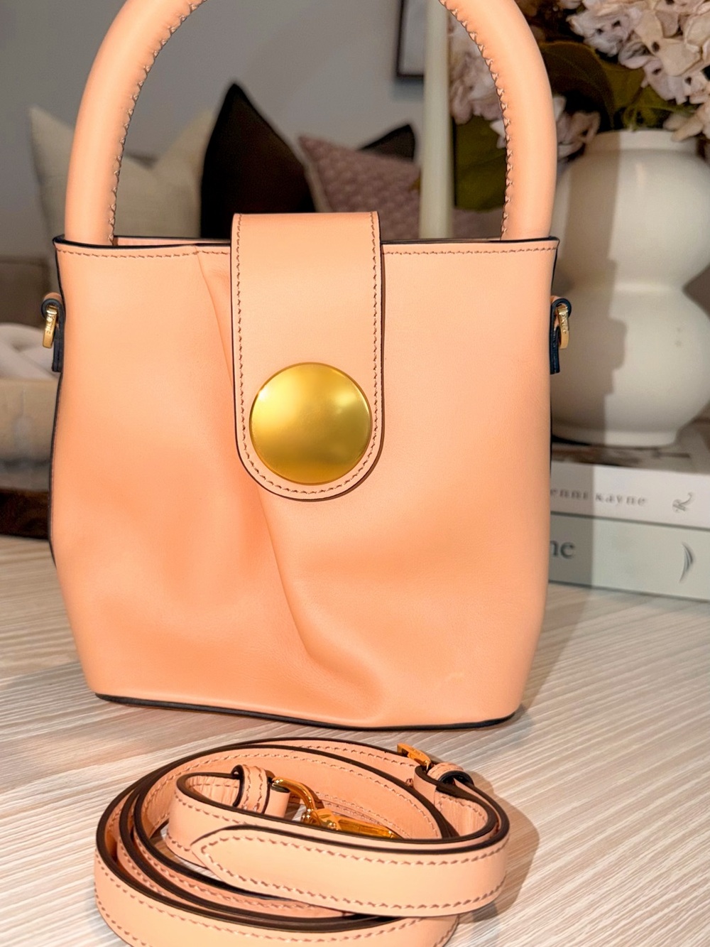 Peach Mini Top-Handle Bag with Gold Button Accent